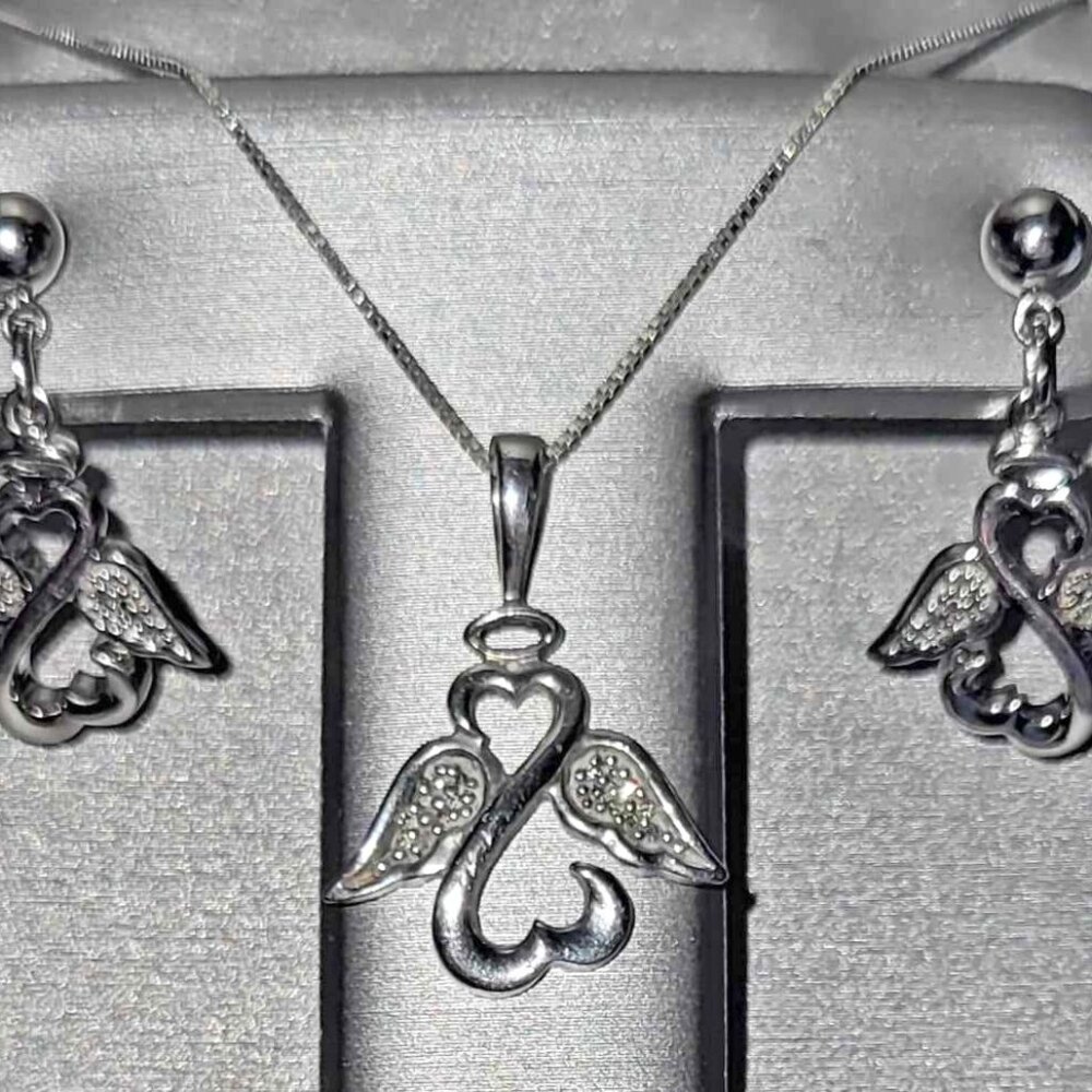Jane Seymour Sterling Silver Open Heart Angel Pendant Necklace Earrings Set